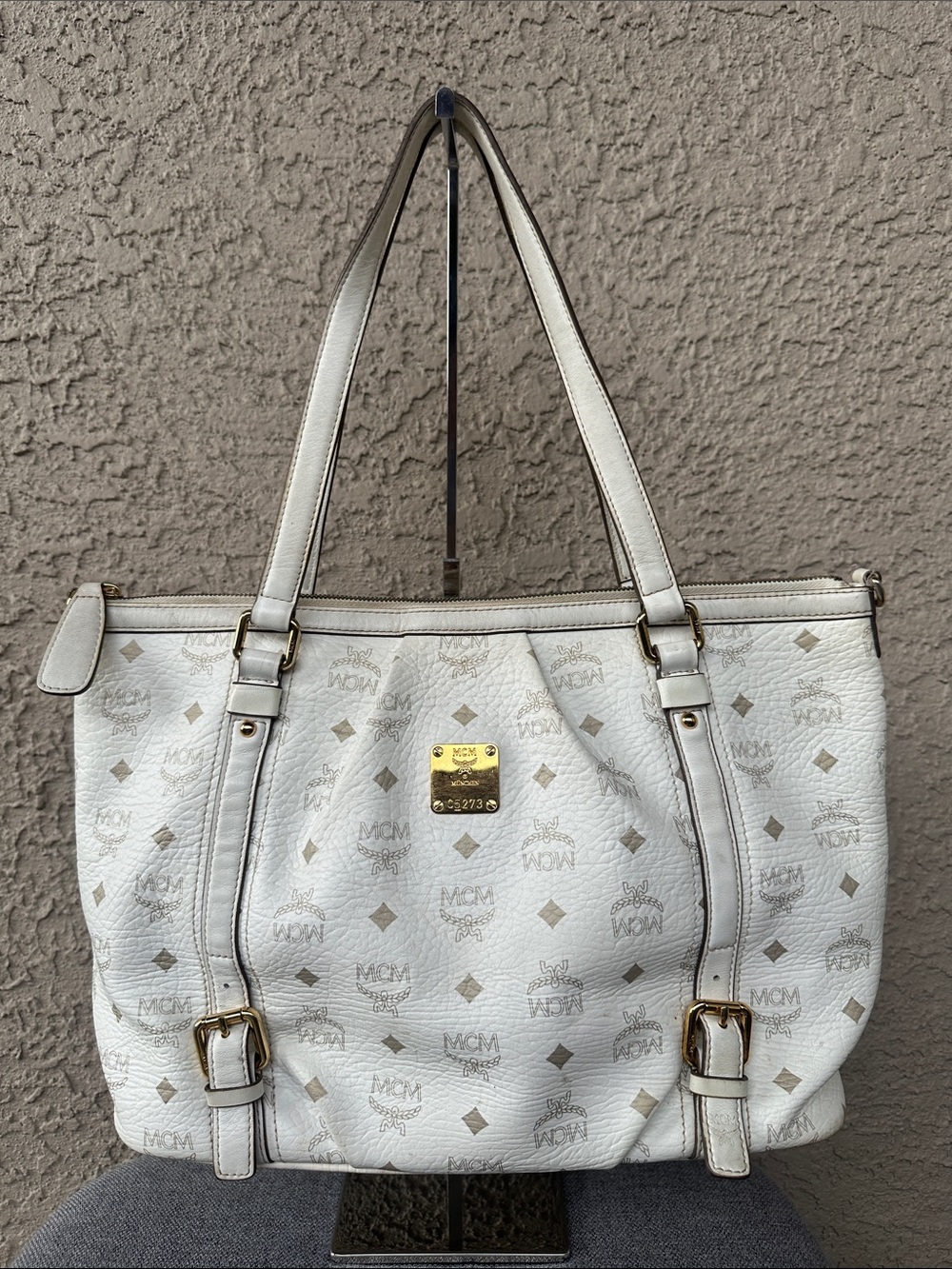 MCM White Visetos Coated Canvas Shoulder Bag with Gold Hardware
